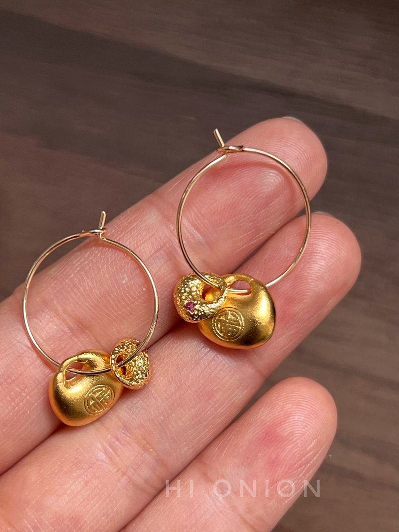 Hi Onion原创小众复古沙金钱袋圆形耳钩新中式耳夹高级艺术耳环 - 耳环/耳夹 - 其他材质 