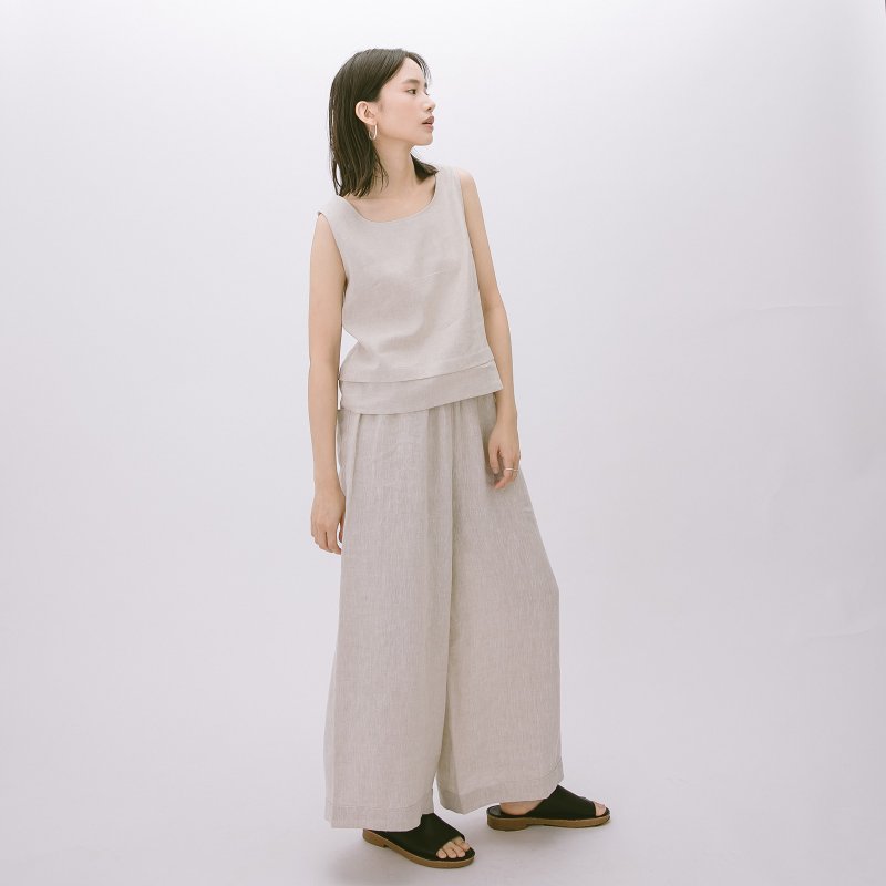 口袋两穿宽裤 - 杏 - 女装长裤 - 棉．麻 卡其色