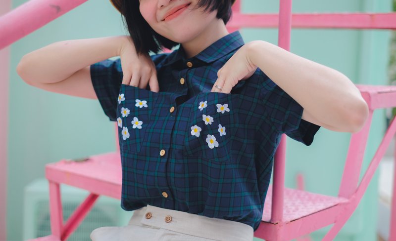 Basic 基本款棉质绿色格纹短袖衬衫 S/M - 女装衬衫 - 棉．麻 绿色