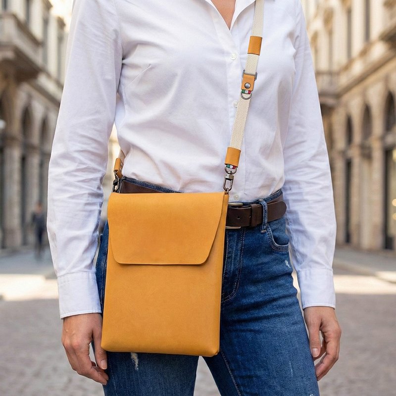 COZI- 意大利植鞣革 10~14吋iPad平板/MacBook电脑 斜跨包 斜肩包 - 平板/电脑保护壳 - 真皮 橘色