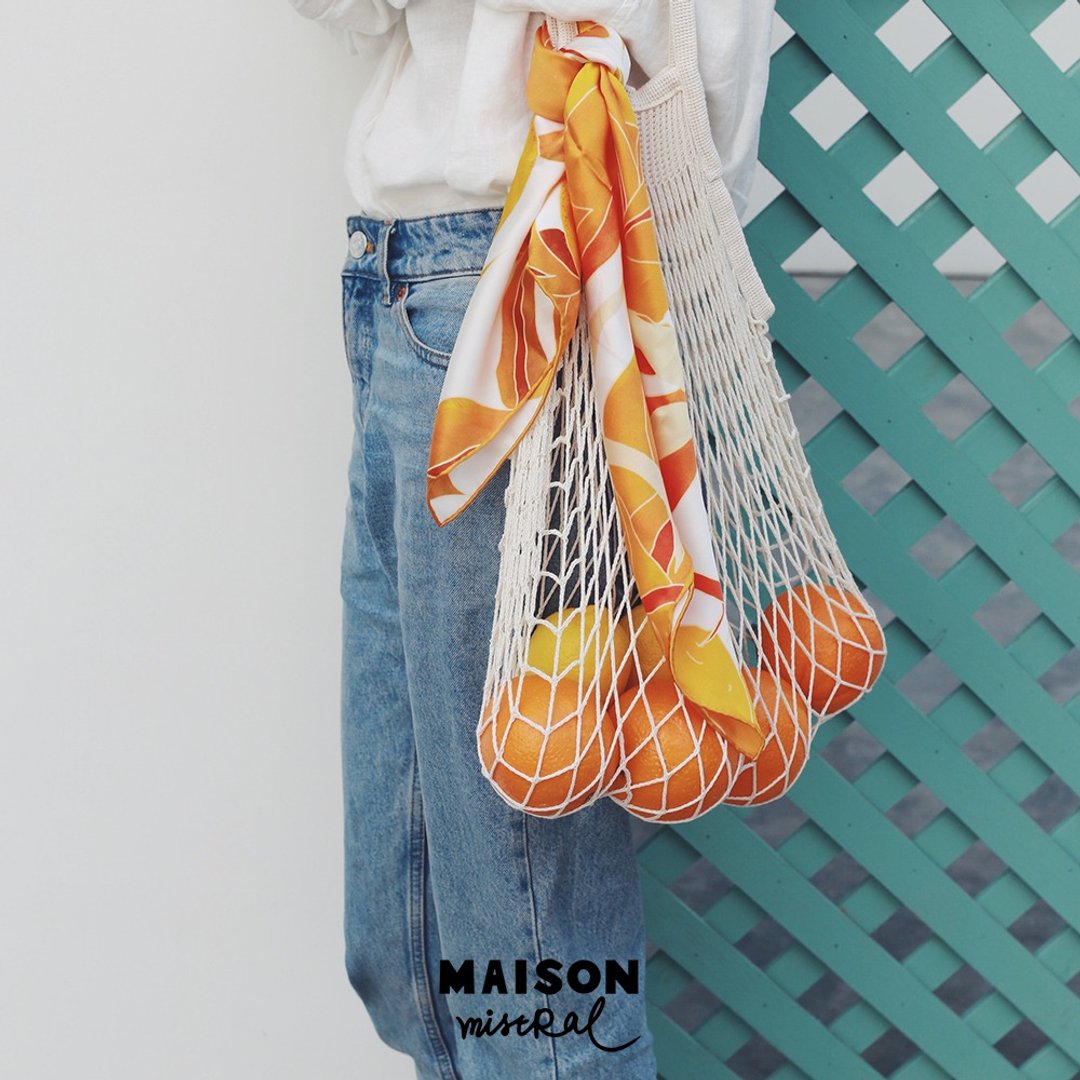 Maison Mistral 艺术家原创插画果园系列  橙色橙花丝巾真丝方巾 - 丝巾 - 丝．绢 橘色