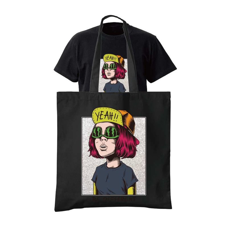 组合-特殊印花潮流短T+帆布袋-眼镜短发女孩 - 女装 T 恤 - 棉．麻 多色