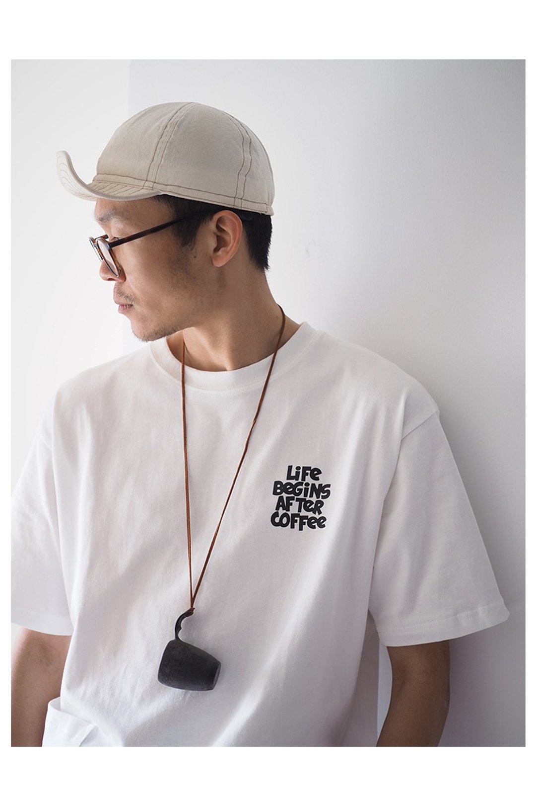 Life Begins After Coffee 咖啡印花宽松大口袋T恤Unisex - 男装上衣/T 恤 - 棉 白色