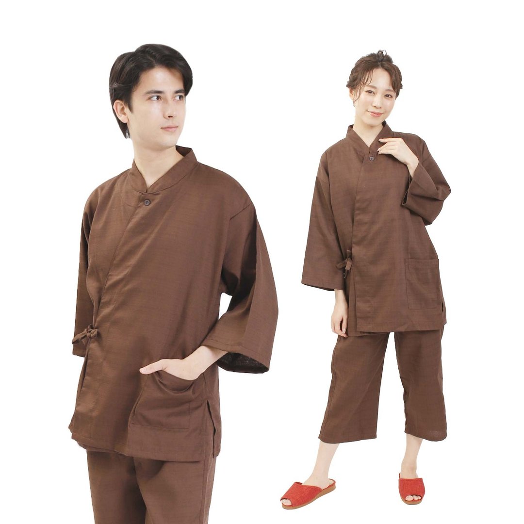 日本 和服 男女兼用 作务衣 套装 日式 室内服 甚平 立领 S F 2L - 女装上衣 - 其他材质 咖啡色