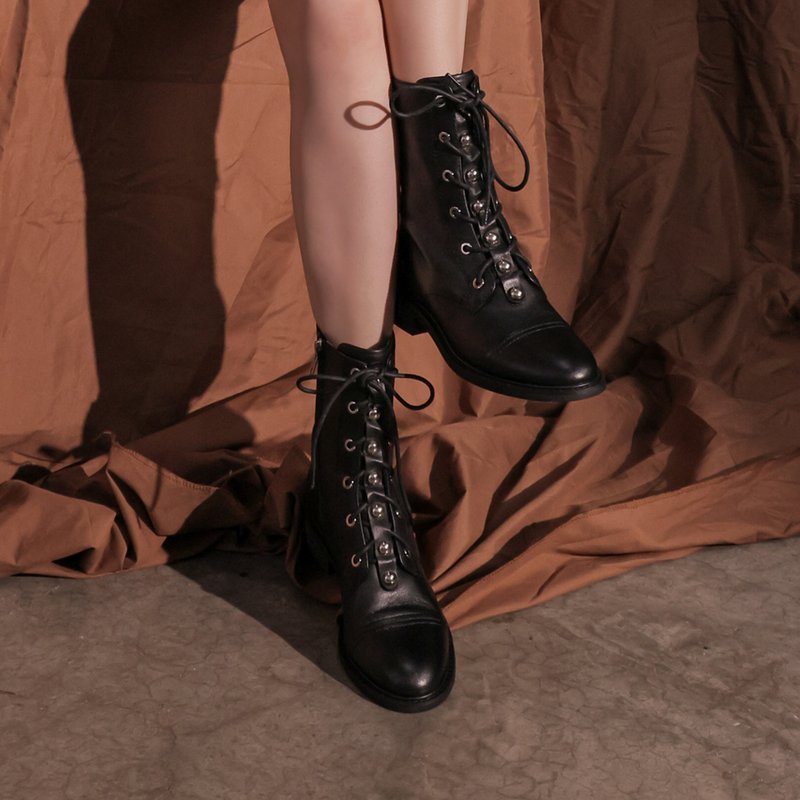 银色钉扣装饰-绑带高筒短靴-黑色 - 女款短靴 - 真皮 黑色