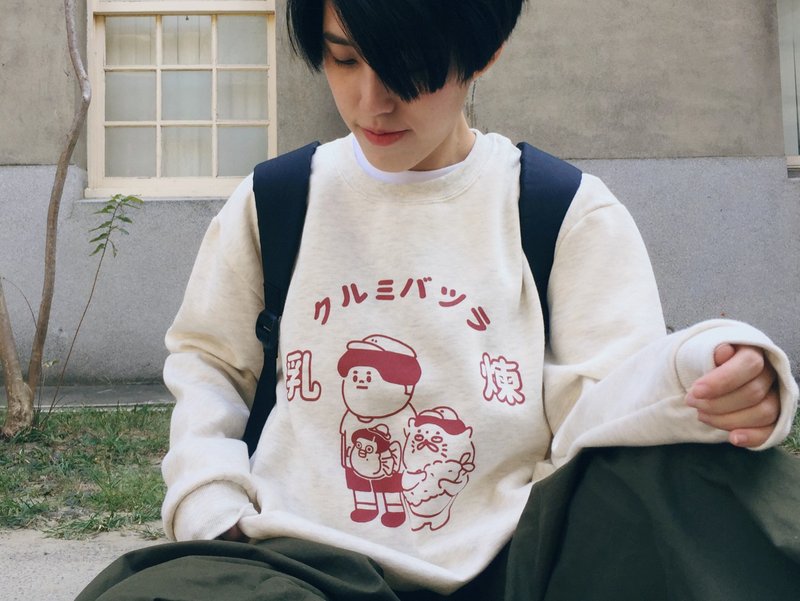 炼乳复古广告-刷毛中性大学T-麻花白 - 中性连帽卫衣/T 恤 - 棉．麻 