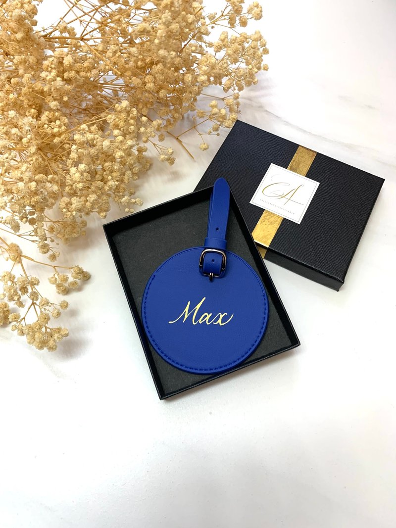 【客制礼物】圆形 行李牌 蓝色 烫金名字 定制化 结婚 生日 礼物 - 行李吊牌 - 真皮 黑色