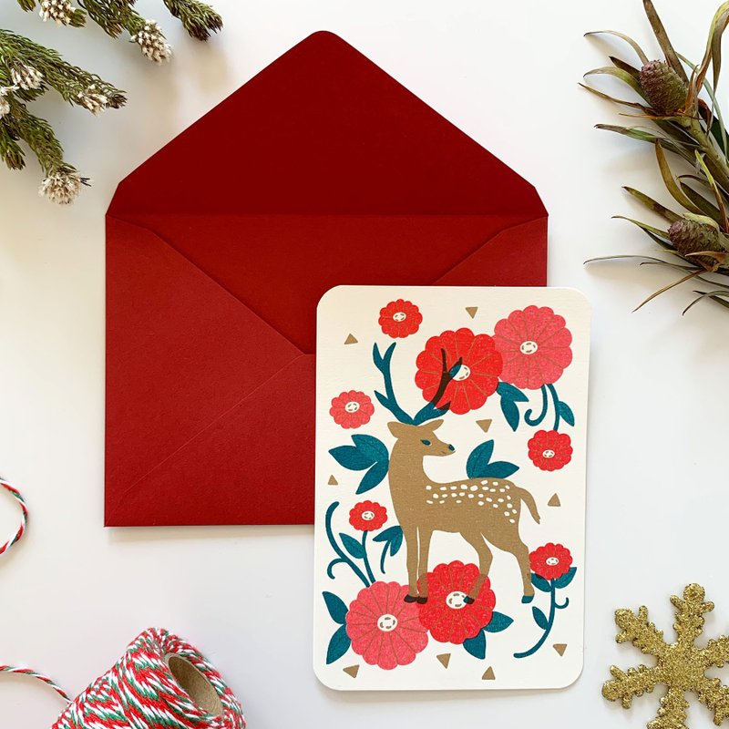 Winter Greeting Card with Envelope -Deer- - 卡片/明信片 - 纸 红色