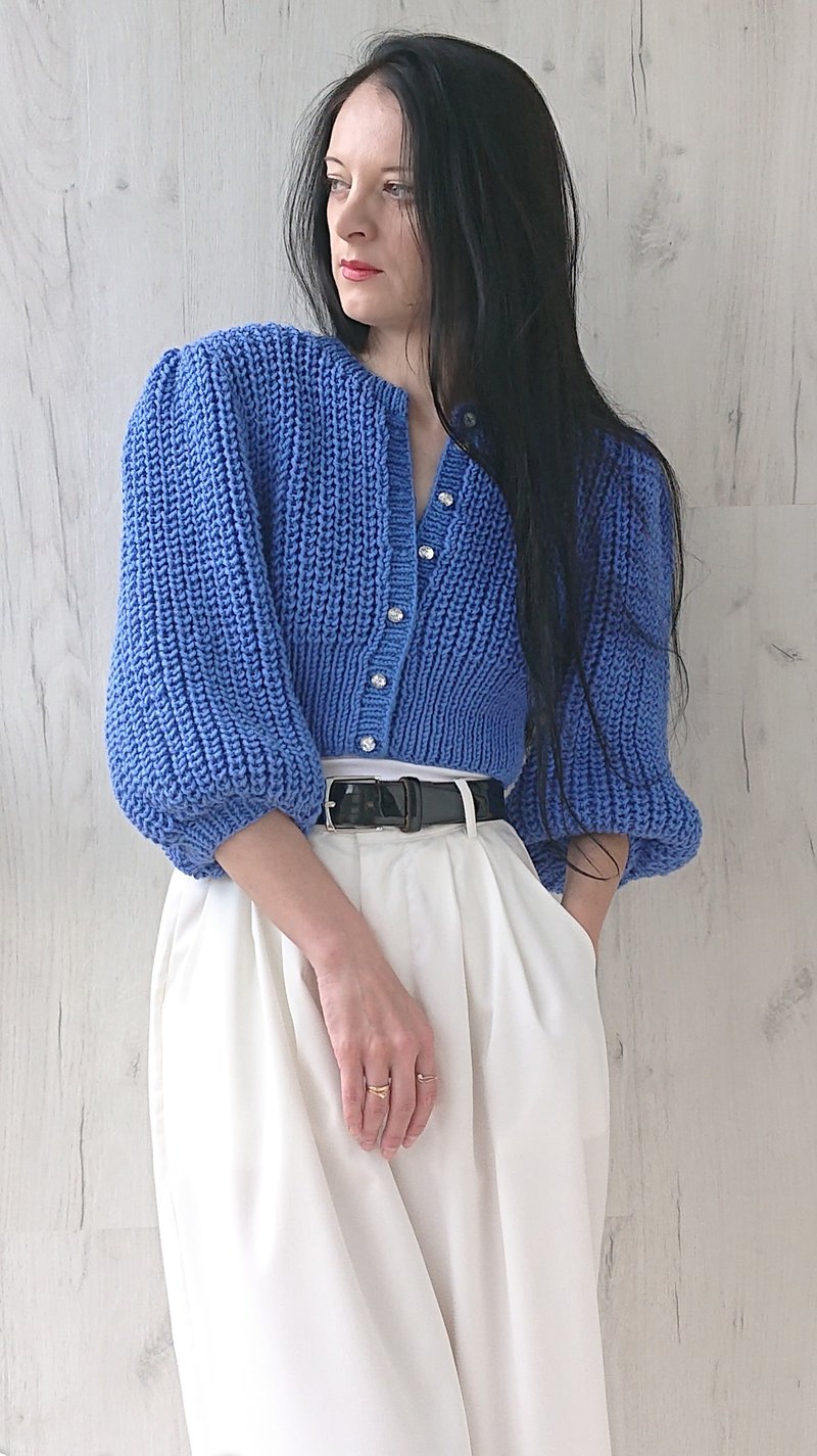 Button sweater top Short sleeve cardigan Crop knit jacket Blue blouse for women - 女装针织衫/毛衣 - 羊毛 