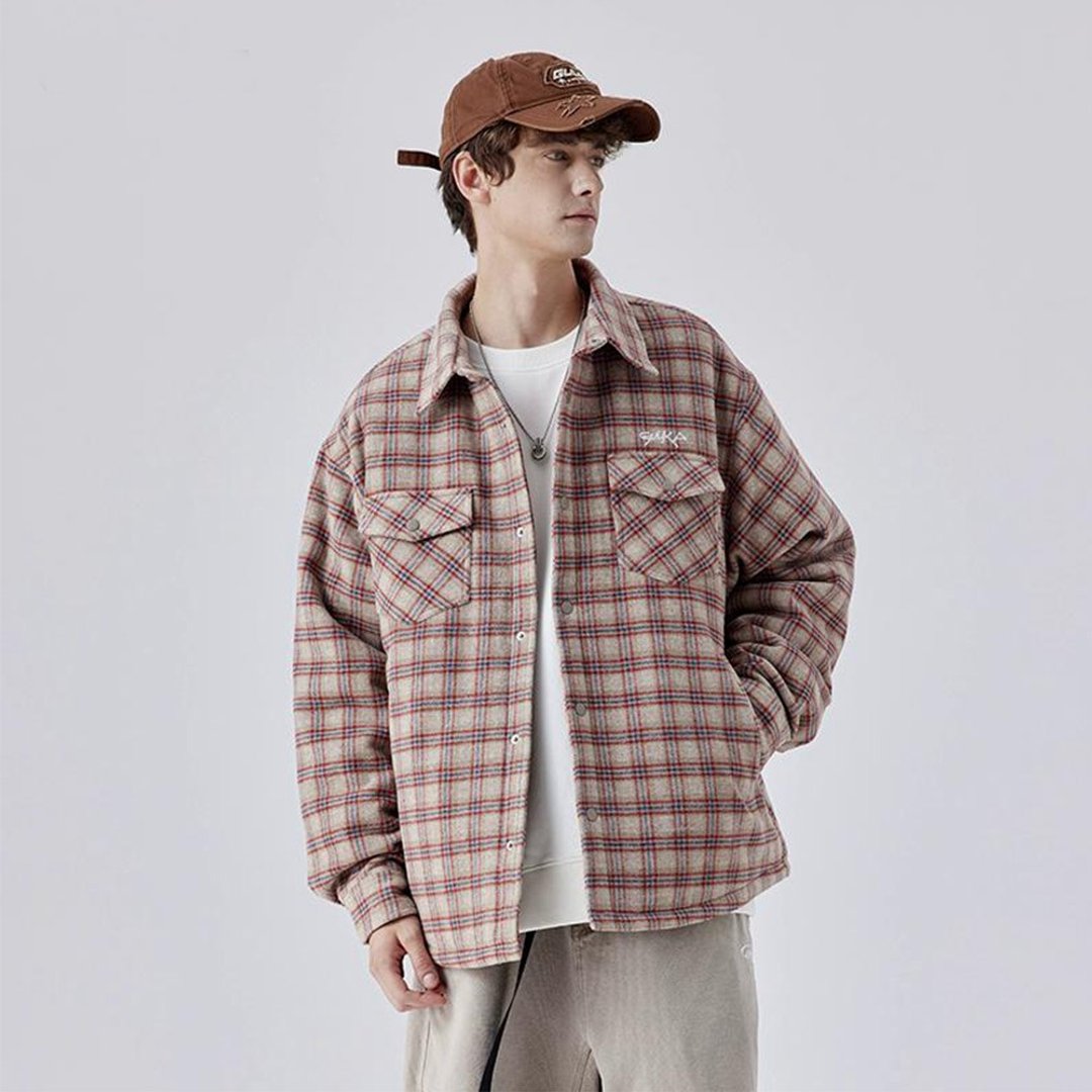 红色格子衬衫棉衣 男士加厚外套  冬季棉服 - 男装外套 - 聚酯纤维 