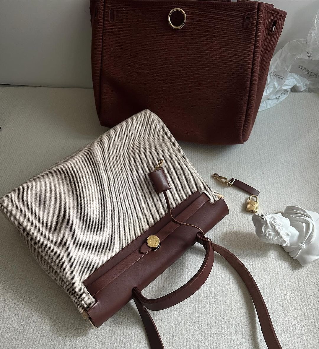 中古包 爱马仕Hermes 啡皮金扣herbag - 手提包/手提袋 - 真皮 卡其色