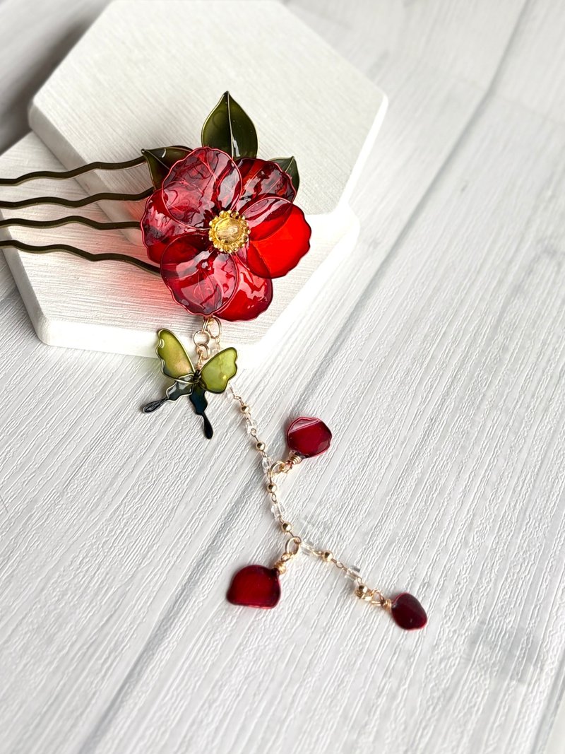 红宝石茶花四齿发梳-花瓣垂坠摇摆 可改鸭嘴夹 - 发饰 - 树脂 红色