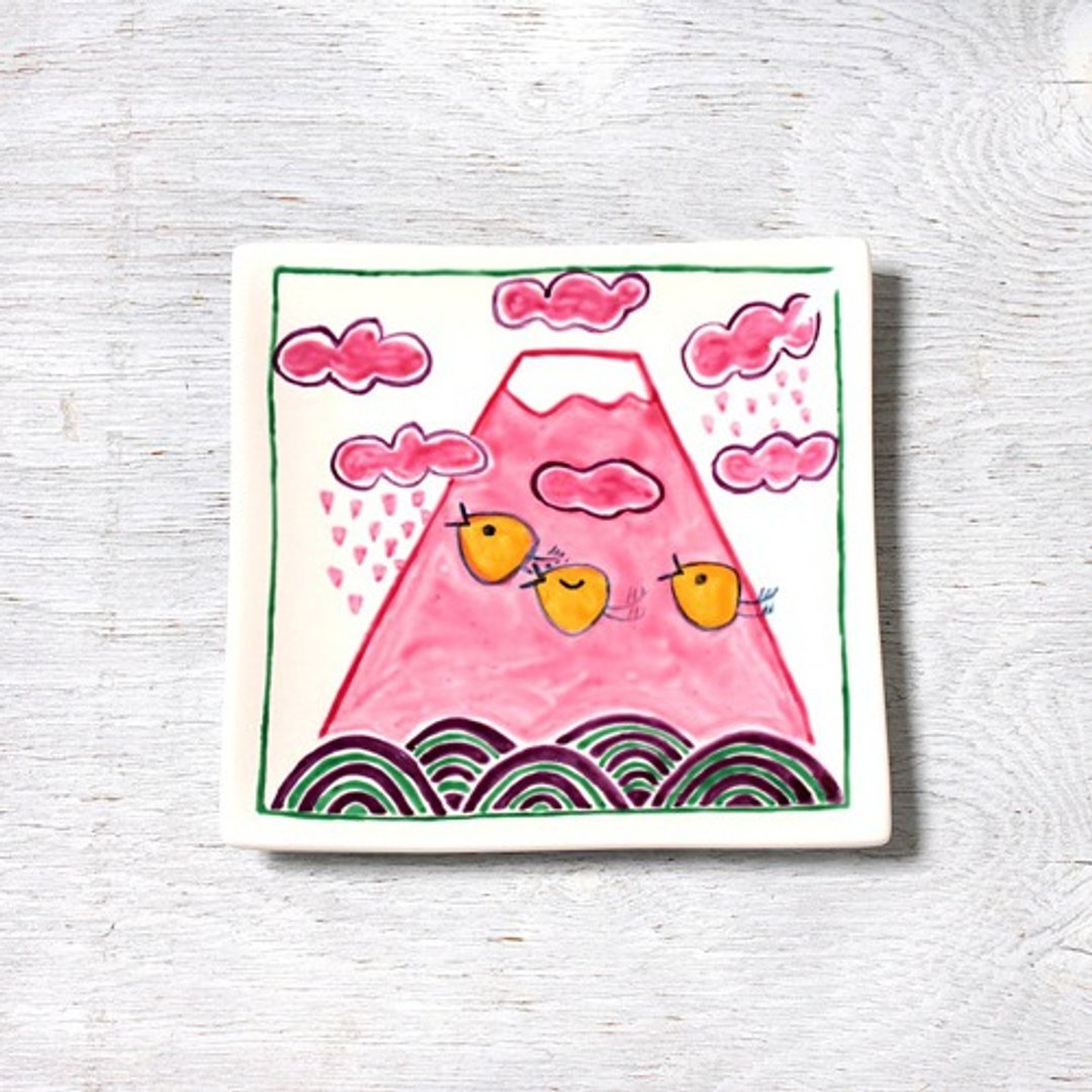 Pop Mt. Fuji and wave plover (autumn) square plate - 浅碟/小碟子 - 陶 