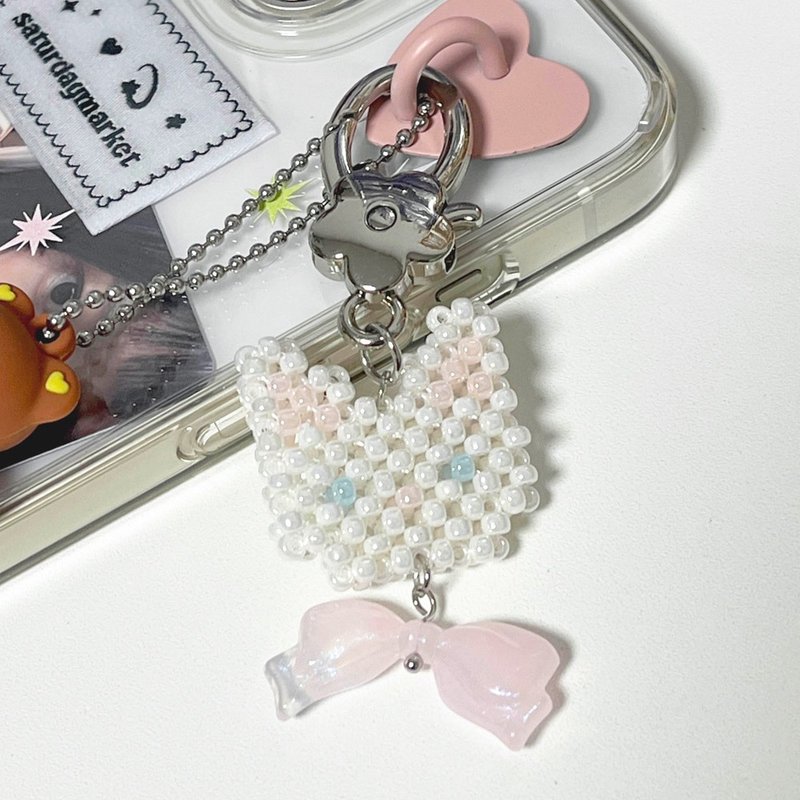 缎带小猫咪串珠钥匙圈 - 珍珠白 - 钥匙链/钥匙包 - 压克力 多色