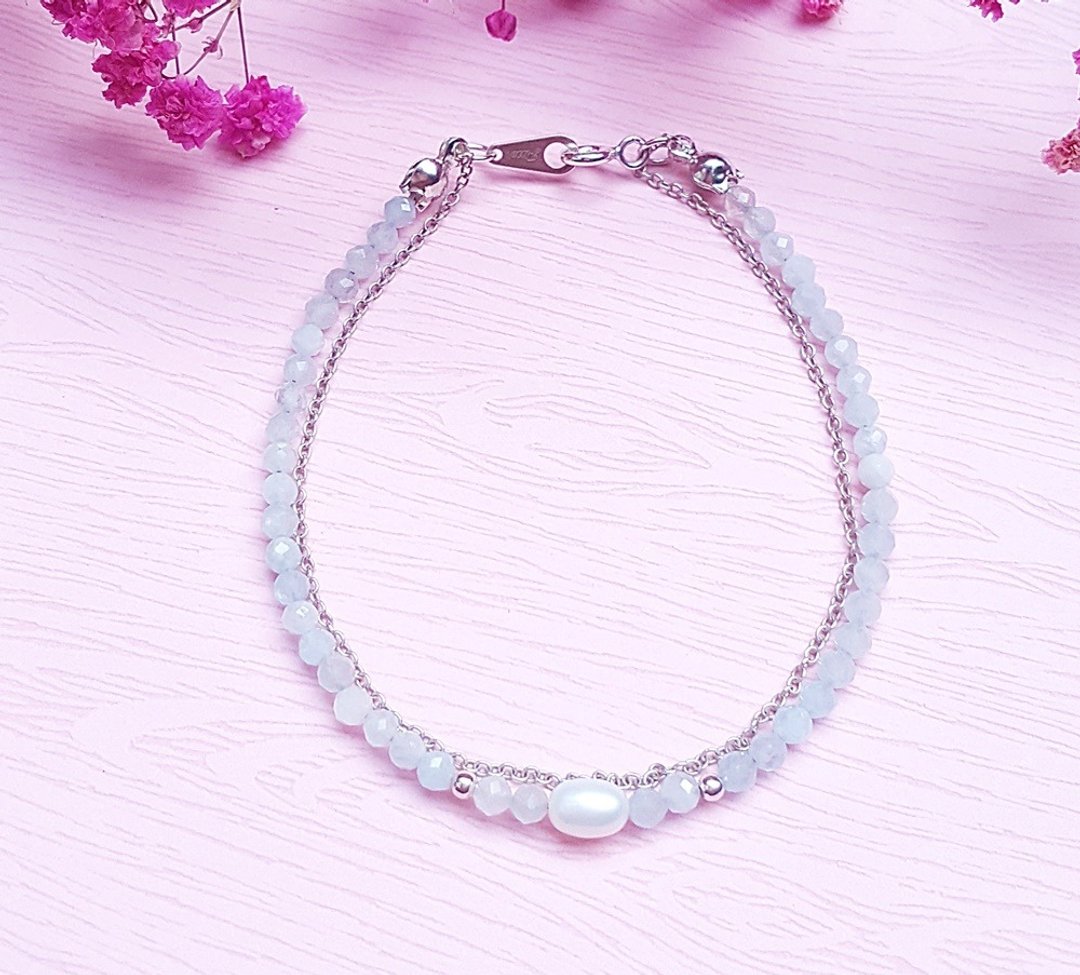 <3月诞生石-海蓝宝Aquamarine >海蓝宝切面 珍珠925纯银双层手链 - 手链/手环 - 半宝石 蓝色
