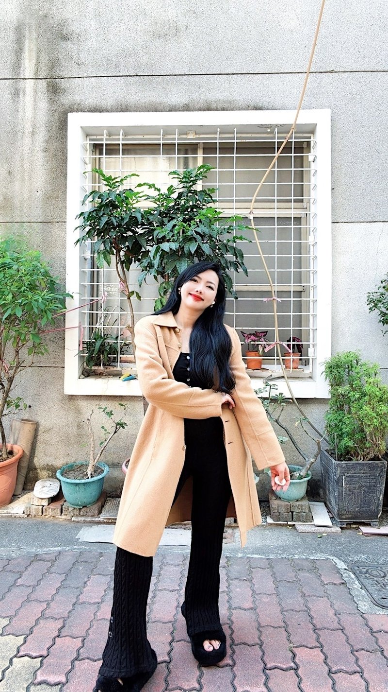 特殊土橙色素面简约活泼少女 古着羊毛双口袋长版大衣外套 - 女装休闲/机能外套 - 羊毛 橘色