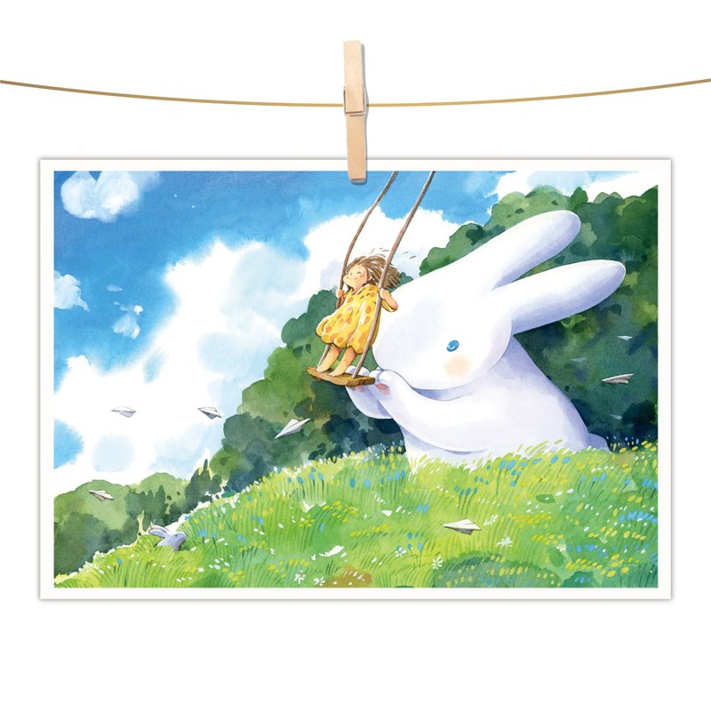 afu水彩插画明信片 - 草原上的蓝天白云 - 卡片/明信片 - 纸 蓝色