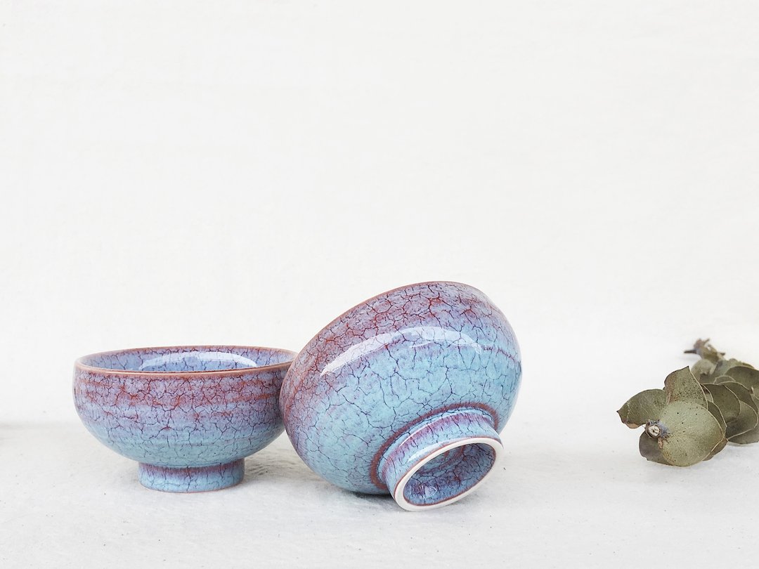 手作冰霜釉色茶碗－粉蓝色(一对） - 茶具/茶杯 - 瓷 粉红色