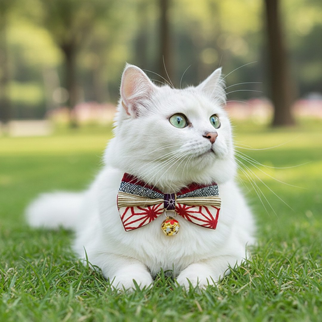 日式复古纹样款 蝴蝶结宠物装饰项圈 猫咪 小型犬 迷你犬 - 项圈/牵绳 - 棉 红色