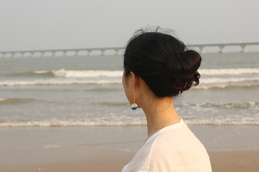 蓝色海洋系列长款陶瓷耳环耳夹纯银 - 耳环/耳夹 - 陶 蓝色