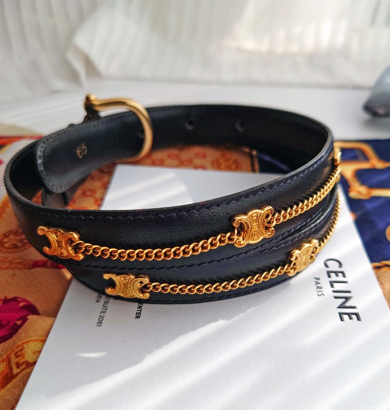 中古孤品 CELINE 凯旋门 金链条 黑金腰链 腰带皮带 belt 75码 - 皮带/腰带 - 真皮 黑色