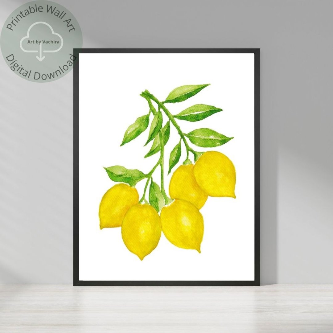 Watercolor Lemons On The Branch - Printable Wall Art - Instant Digital Download - 电子手绘真人画像/绘画/插画 - 其他材质 
