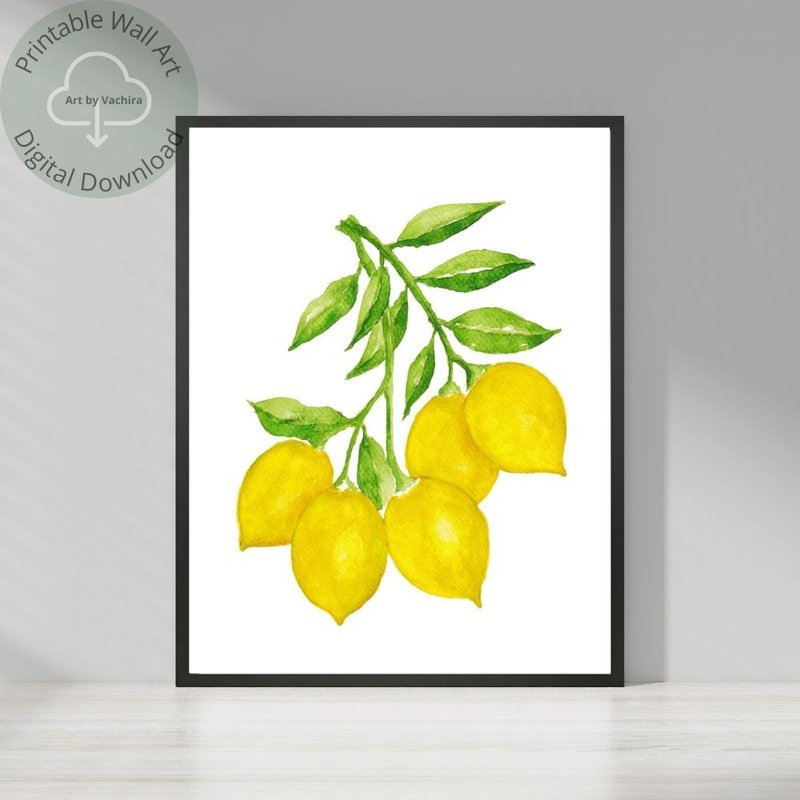 Watercolor Lemons On The Branch - Printable Wall Art - Instant Digital Download - 电子手绘真人画像/绘画/插画 - 其他材质 
