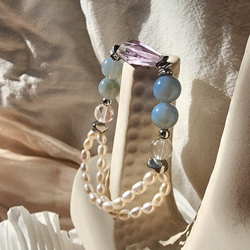 氤氲 钛钢粉蓝欧泊海胆紫水晶天然淡水珍珠弹性弹力手环 - 手链/手环 - 水晶 