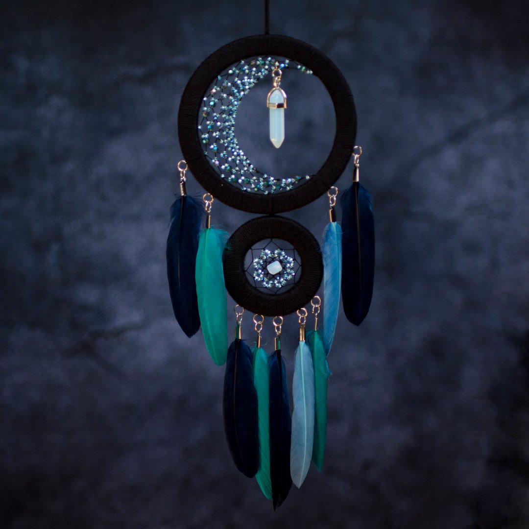 Crescent moon dream catcher with moonstone crystal, Black half moon dreamcatcher - 墙贴/壁贴 - 宝石 
