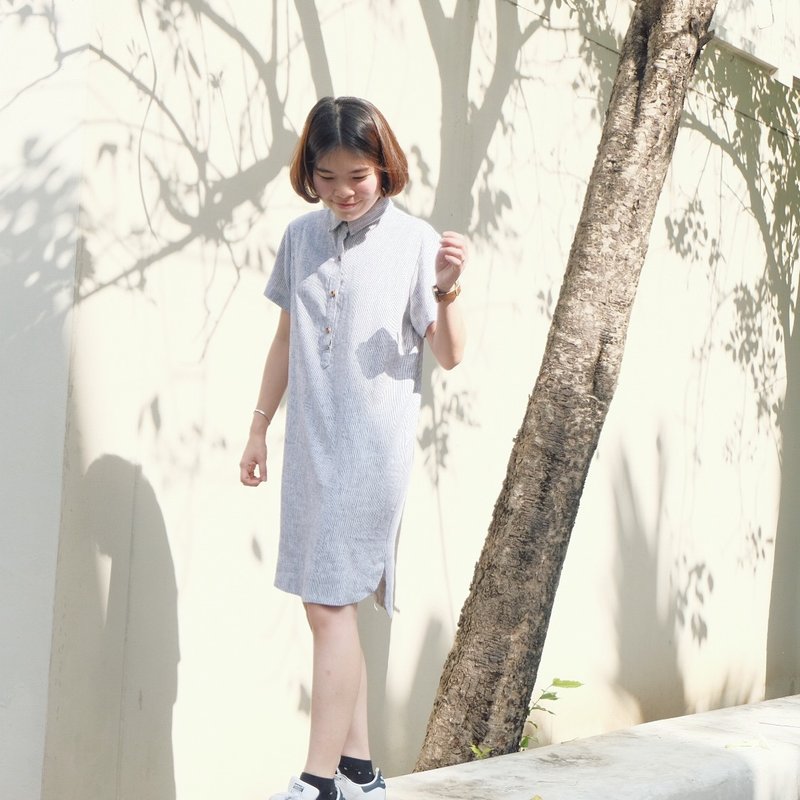 Polo Dress : Stripe, white x black - 洋装/连衣裙 - 棉．麻 灰色