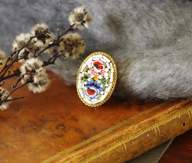 古董金色意大利马赛克镶嵌椭圆小花别针胸针 B1827 - 胸针 - 其他金属 金色