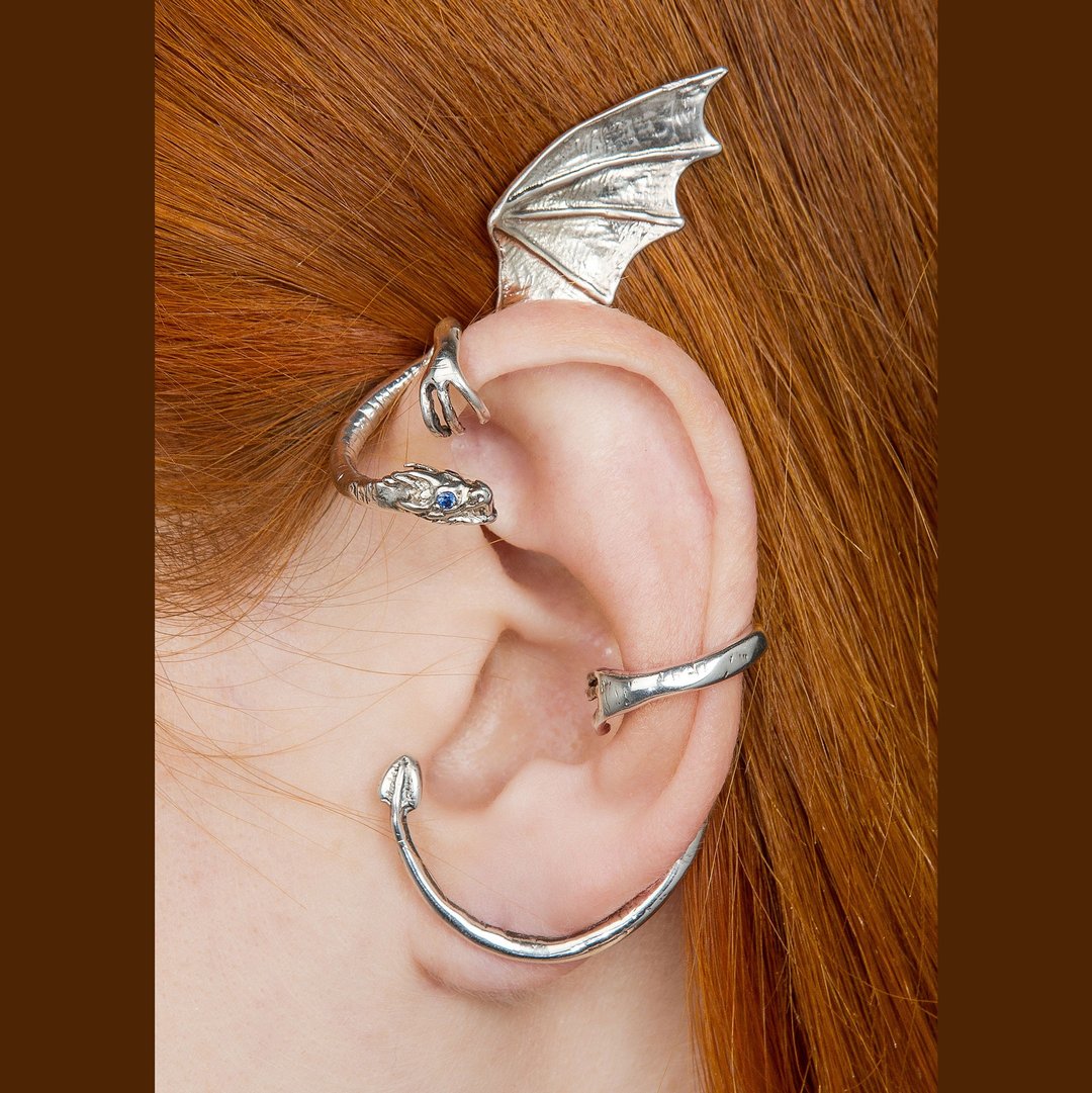 Dragon ear cuff sterling silver - 耳环/耳夹 - 纯银 银色