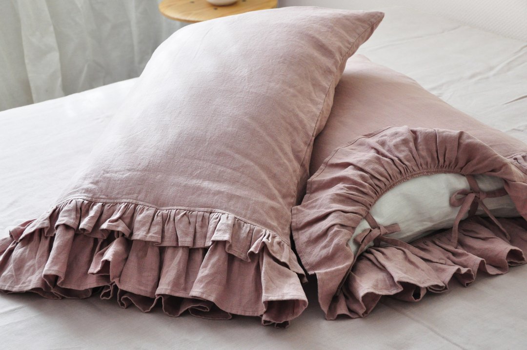 70 colors linen pillowcase with double ruffles on one side | Custom size cover - 枕头/抱枕 - 亚麻 多色