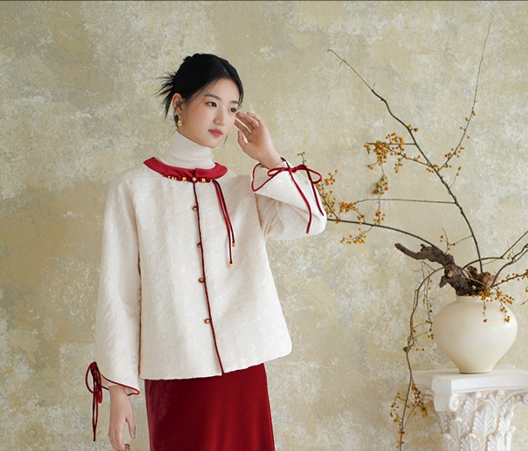 祥瑞 新中式復古中國風 新年礼服夹棉唐装上衣 - 女装上衣 - 其他材质 白色