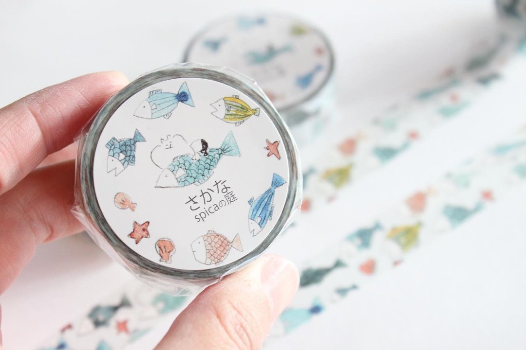 【和纸胶带】muu 酱 - 鱼 - 15mm × 7m | Spica 小庭手作 (SM10) - 纸胶带 - 纸 蓝色