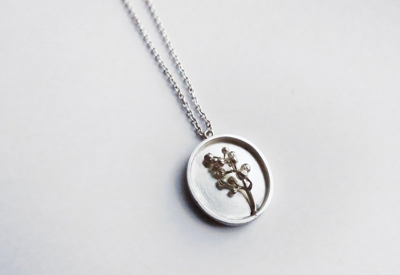 植物标本-山桂花 圆框 - 项链 - 纯银 银色