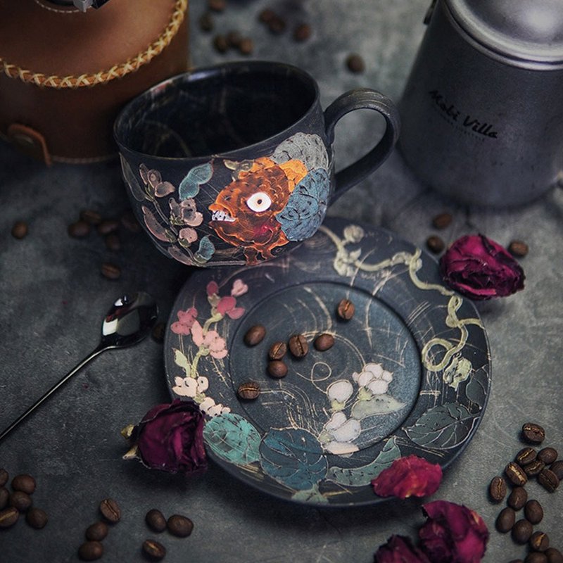 上岸錦鯉手繪咖啡杯 | 復古磨砂馬克杯 | 情侶結婚生日禮物 - 咖啡杯/马克杯 - 瓷 黑色