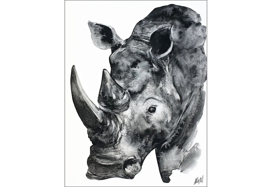 Rhino Painting Charcoal Original Art Africa Wall Art Animal Drawing - 海报/装饰画/版画 - 纸 灰色