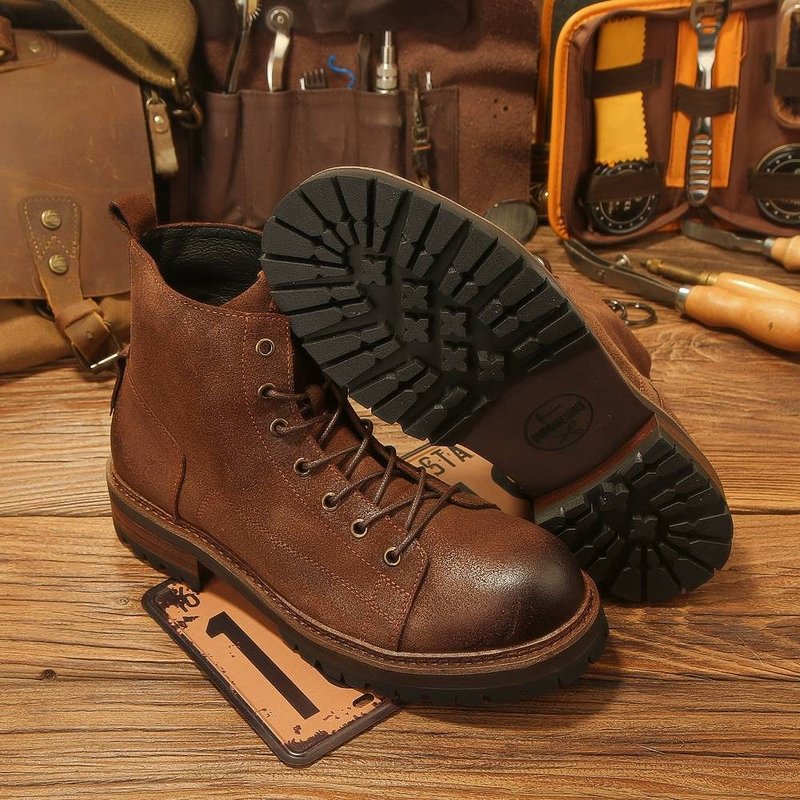 冬季新款马丁靴男高帮英伦风真皮皮鞋复古手工工装靴 - 男款靴子 - 真皮 咖啡色