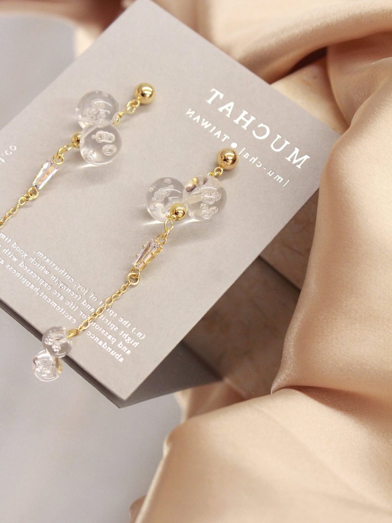 眼睛水汪汪。MUCHAT手作14KGP长方锆石玲丸珠纯银针耳环 - 耳环/耳夹 - 其他金属 透明