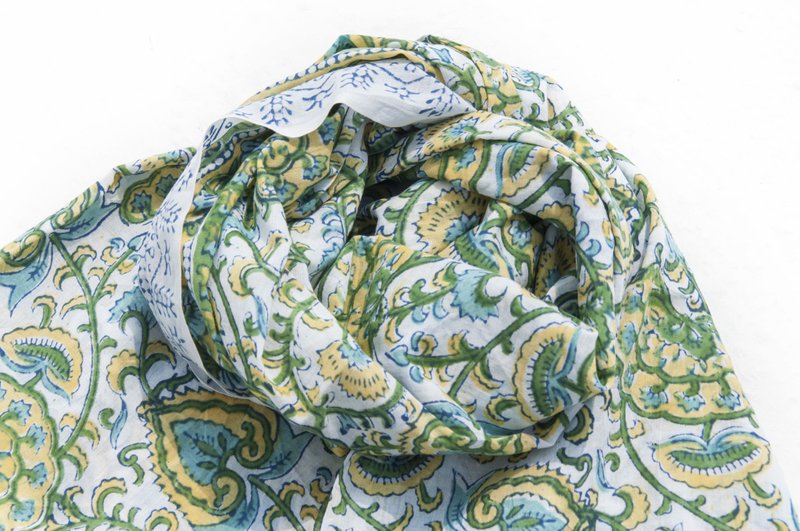 手织围巾 编织围巾 超大纯绵丝巾 手工木刻印植物染围巾 草木染棉丝巾 圣诞节礼物 交换礼物 母亲节 父亲节-日本花朵森林 - 围巾/披肩 - 棉．麻 多色