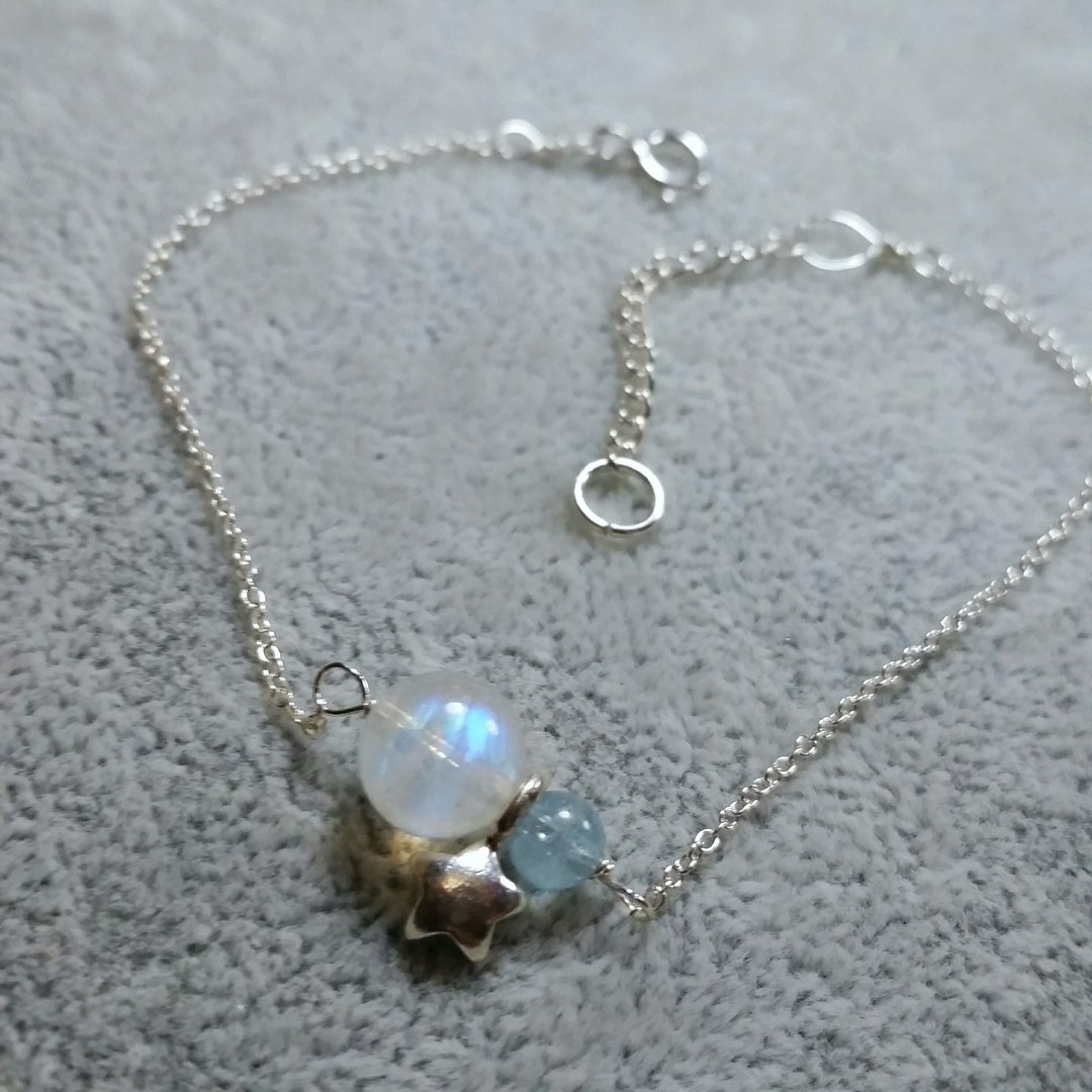 7/8 mm 强光月亮石 配 纯银星星 , 海蓝宝 纯银手链 Moonstone, aquarmarine , silver star  925 silver bracelet - 手链/手环 - 宝石 蓝色