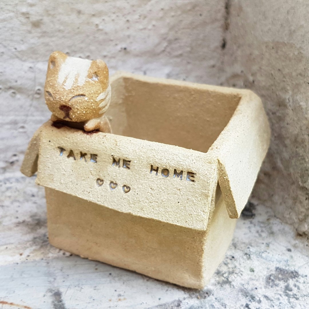 纸箱猫【方盒-虎斑猫】置物盒/Carton Cat【Square box - Tabby】 - 收纳用品 - 陶 卡其色