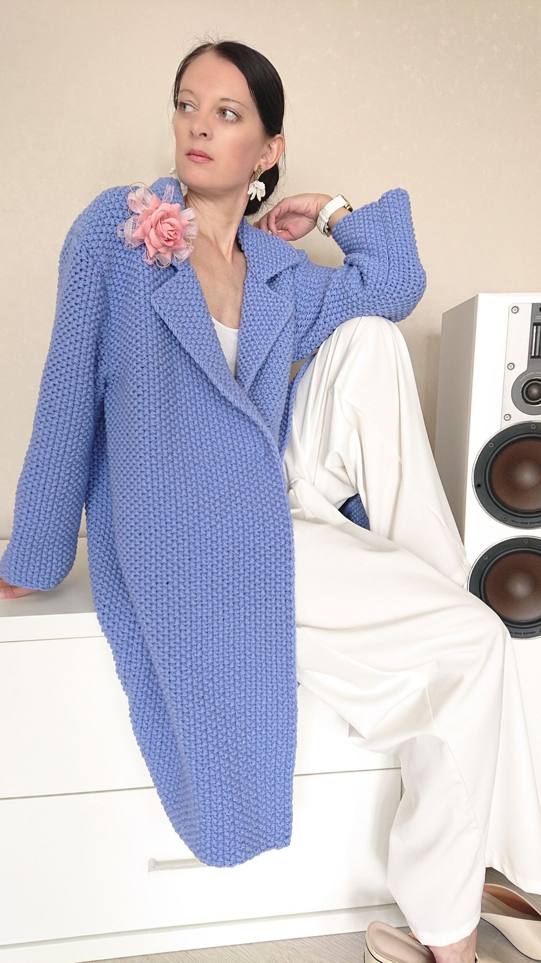Textured sweater jacket Wool loose knitted cardigan Double breasted lapel coat - 女装针织衫/毛衣 - 羊毛 