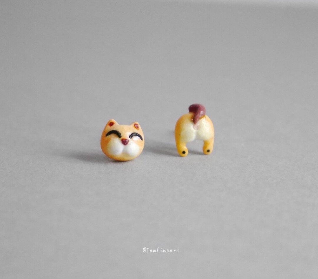 Miniature Cat Earrings,Orange Cat Earrings,Cat stud Earrings. - 耳环/耳夹 - 陶 橘色