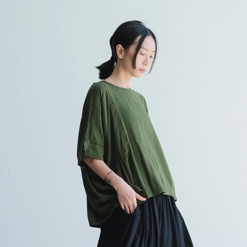 单扣织带短袖上衣 / 嫘萦 橄榄绿 - 女装上衣 - 棉．麻 绿色