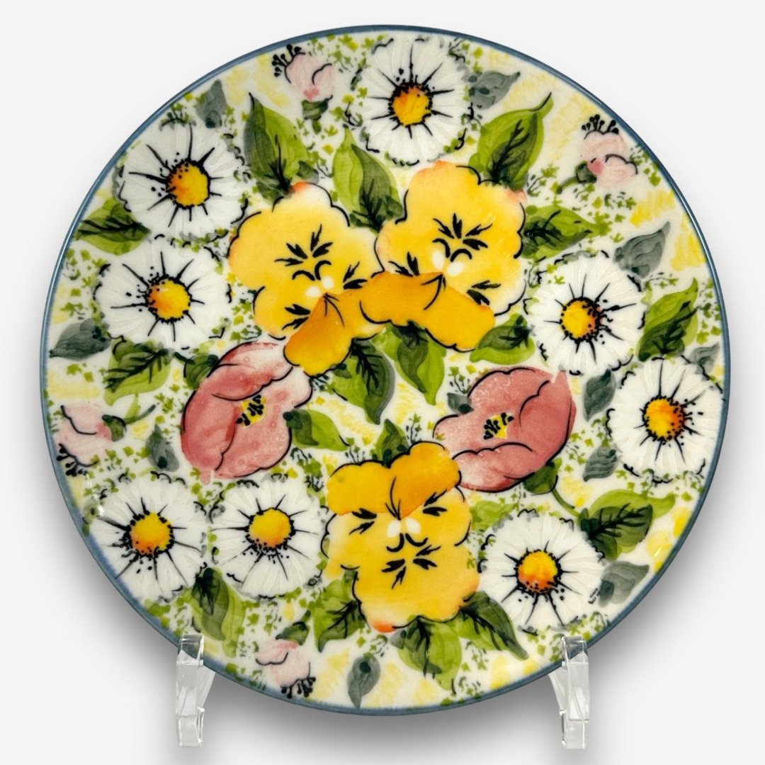 波兰手绘手工陶-圆盘 19cm 花香系列 设计师款 - 盘子/餐盘/盘架 - 陶 黄色