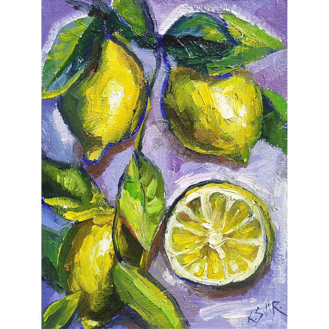 Lemon Painting Citrus Original Art Fruit Painting Impasto Wall Art Small Artwork - 海报/装饰画/版画 - 其他材质 多色