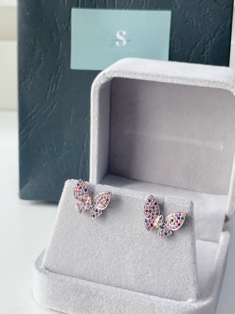 纯银天然彩色蓝宝石蝴蝶耳环 - 耳环/耳夹 - 纯银 多色