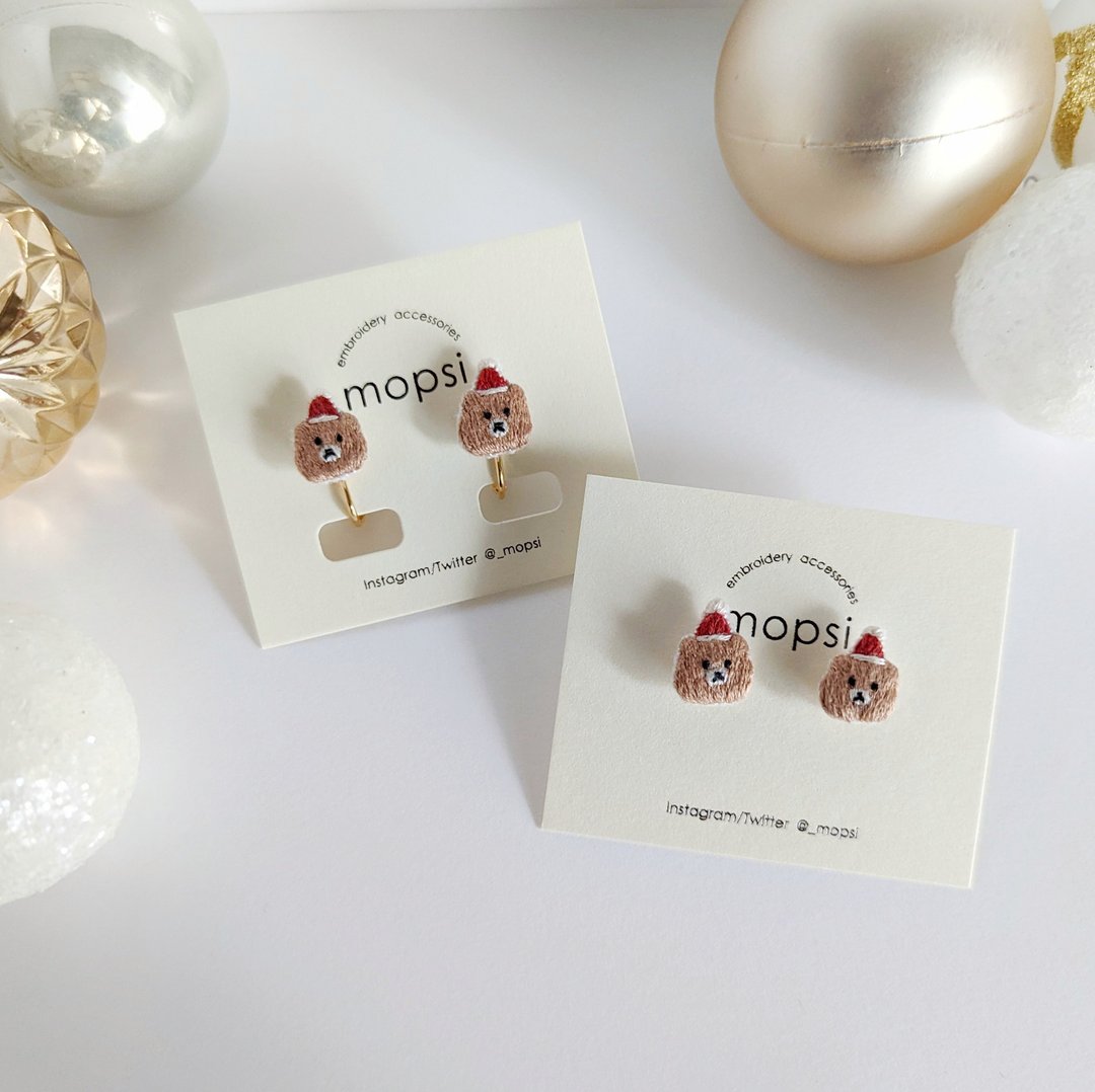 Bear Santa Embroidered Earrings/ Clip-On - 耳环/耳夹 - 绣线 红色